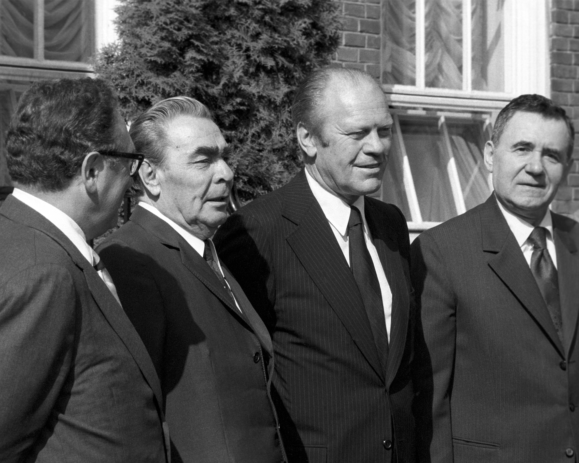 A photo showing Soviet leader Leonid Brezhnev and U.S. President Gerald Ford standing outside before the start of the Conference on Security and Cooperation in Europe in Helsinki, Finland on July 14, 1957.