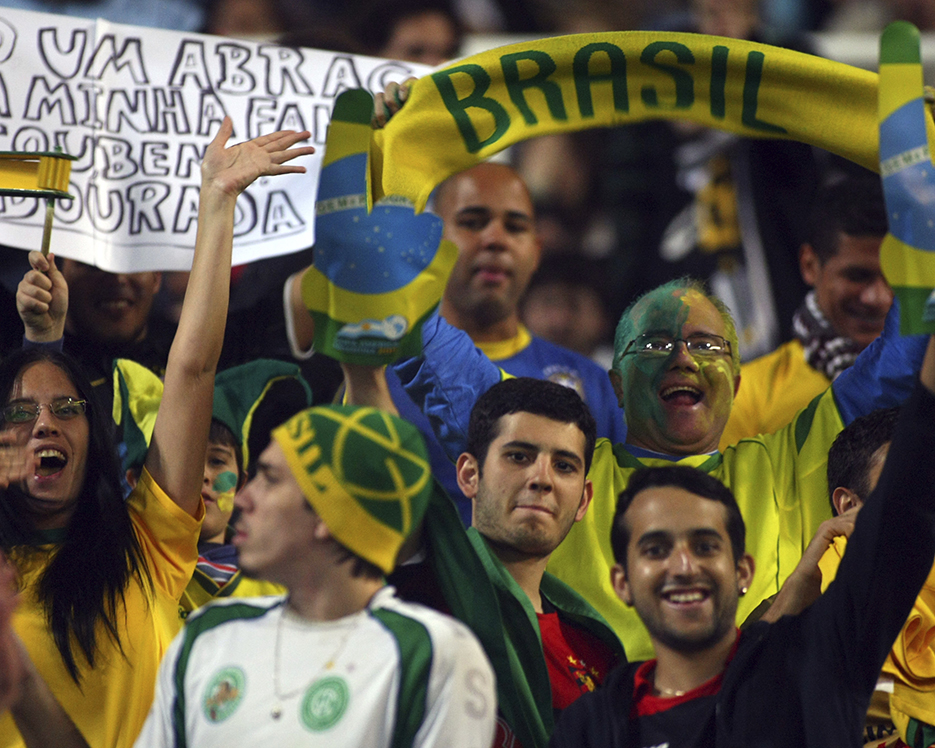 A photo showing fans of Brazil cheering during a match of the Copa América soccer tournament in Córdoba, Argentina, on July 13, 2011.