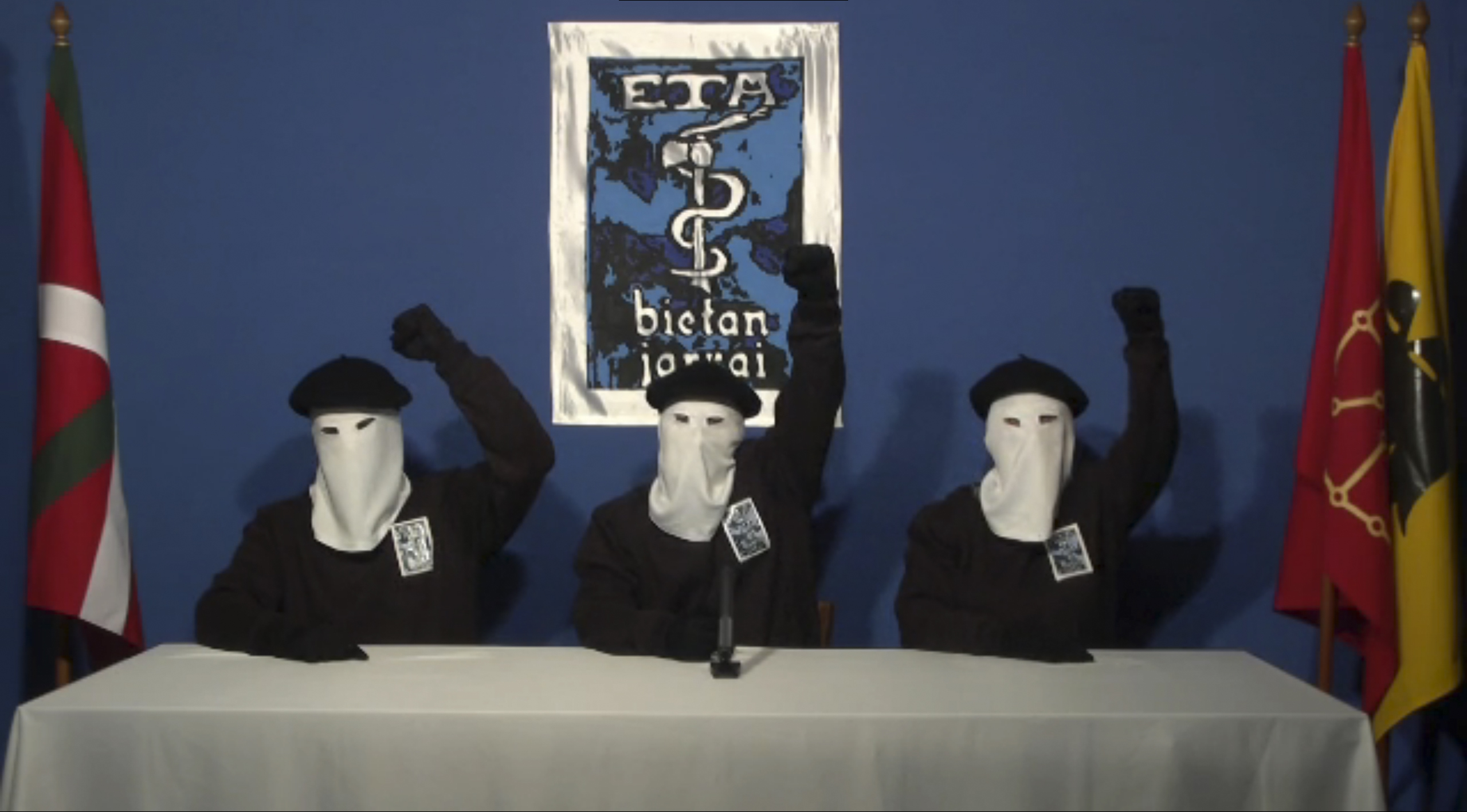 Three members of Basque separatist group ETA call a definitive end to fifty years of armed struggle, which has resulted in at least 850 deaths, in this still image taken from an undated video published on the website of Basque language newspaper “Gara,” on October 20, 2011. Source: Gara via Reuters.