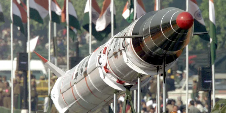 The Agni II, an intermediate-range ballistic missile, is rolled out during the Republic Day parade in New Delhi, India on January 26, 2002.
