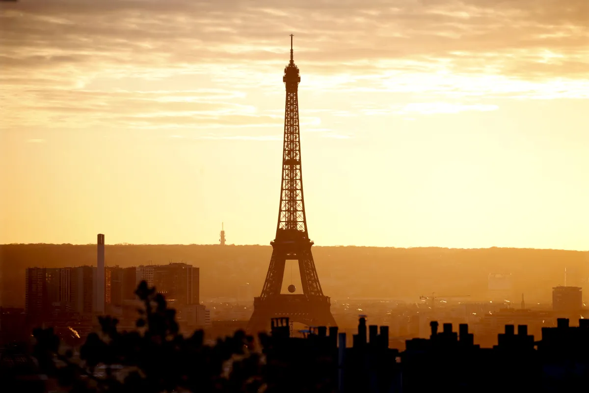 The Eiffel Tower at sunset in Paris, France on November 22, 2015. 