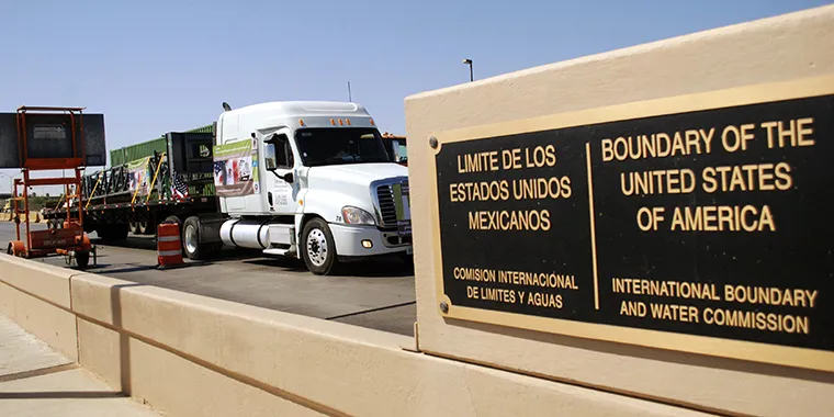 A truck crosses the Puente Internacional Comercio Mundial (World Trade International Bridge) while approaching the border crossing into the U.S., in Laredo, Texas, on October 21, 2011.