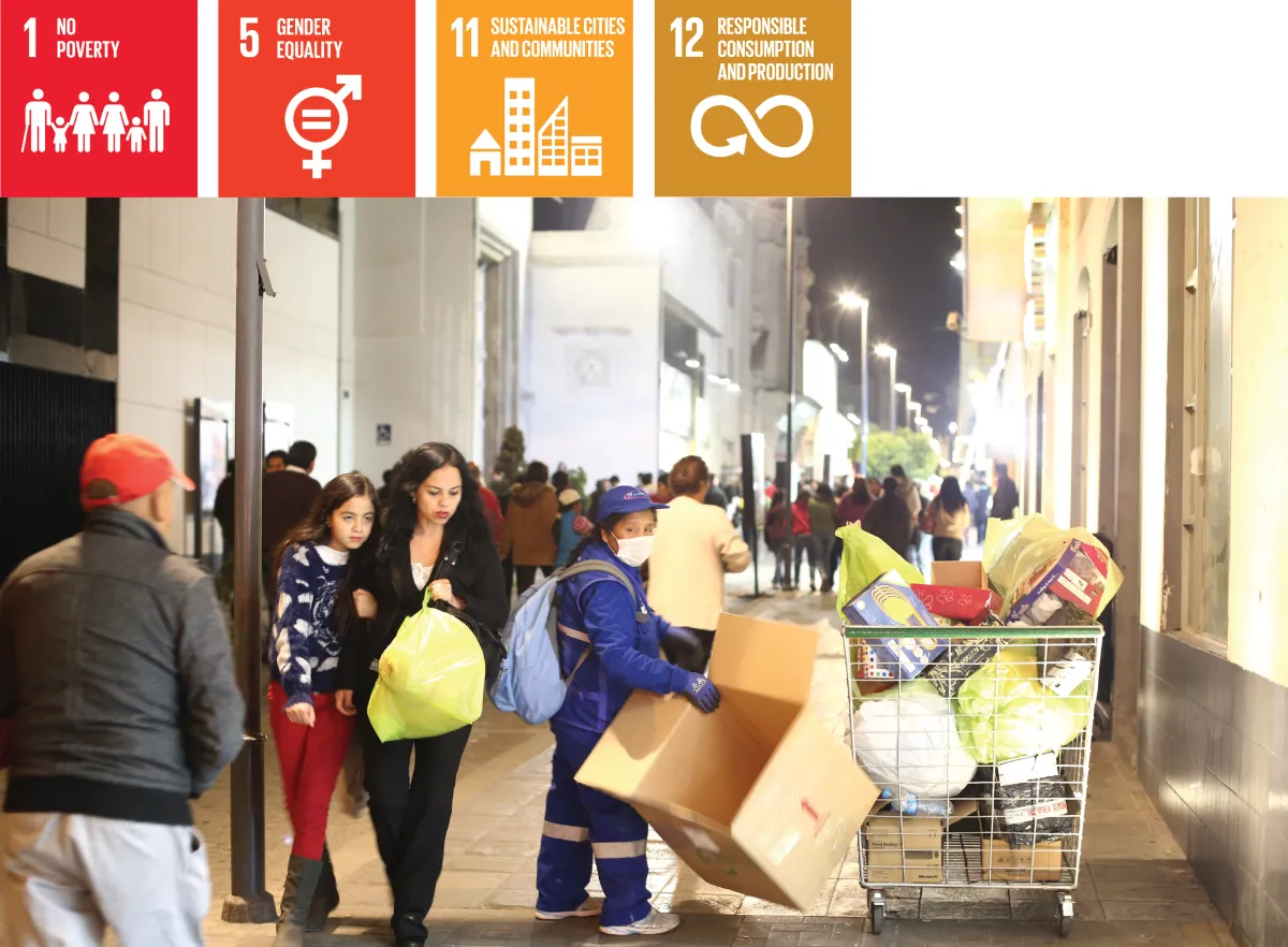 Photo of a recycler collecting garbage of businesses at night in Arequipa, Peru. Above photo are icons for SDGs #1, 5, 11, 12. For more info contact us at world101@cfr.org.