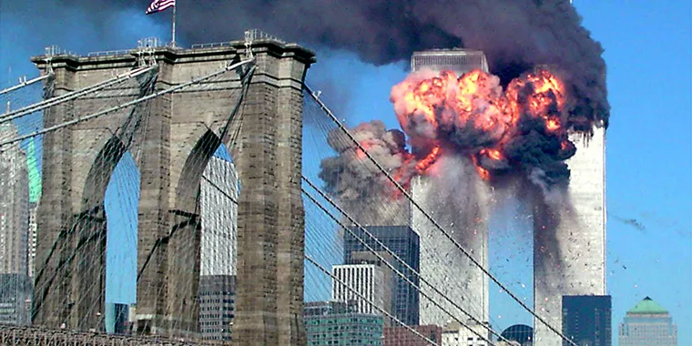 The second tower of the World Trade Center explodes after being hit by a hijacked airplane in New York, on September 11, 2001.