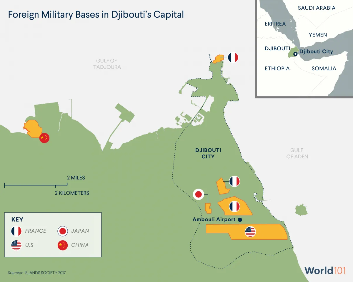 A map showing foreign military bases in Djibouti's capital, including those for China, France, Japan, and the United States.