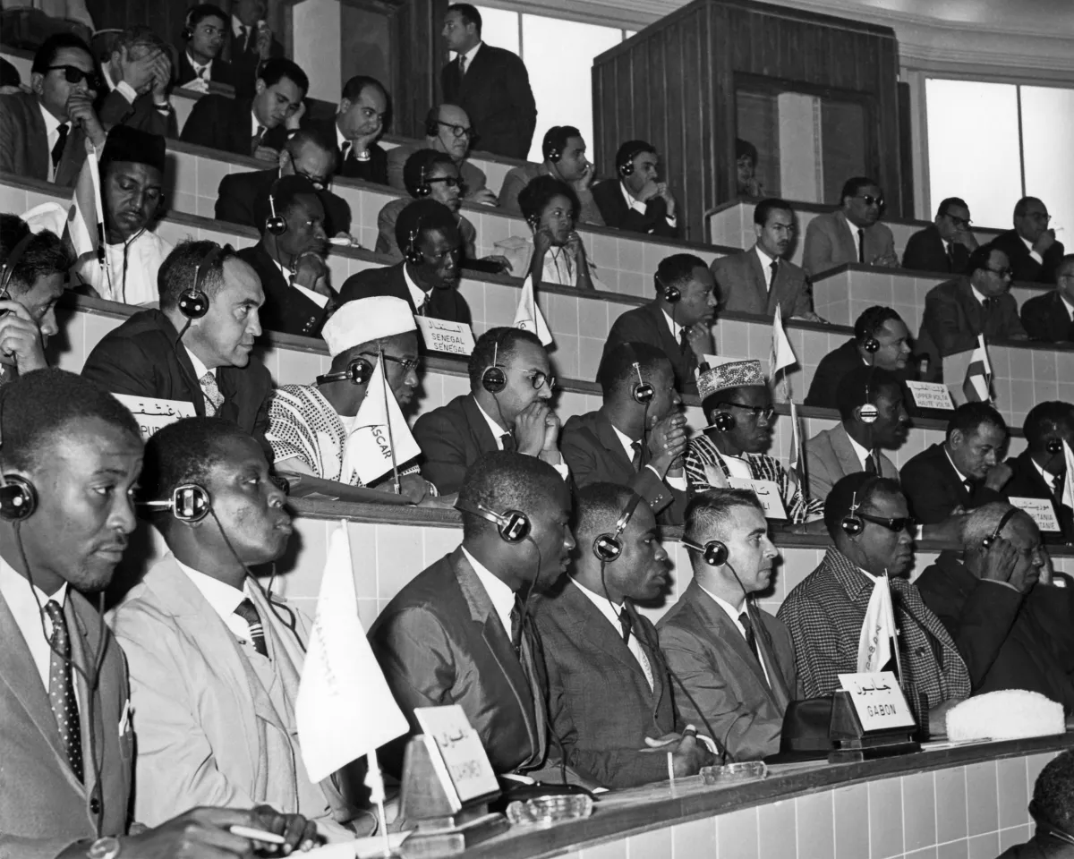 A photo showing the Organization of African Unity holding the first session of its Health, Sanitation, and Nutrition commission in Alexandria, Egypt on January 11, 1964.