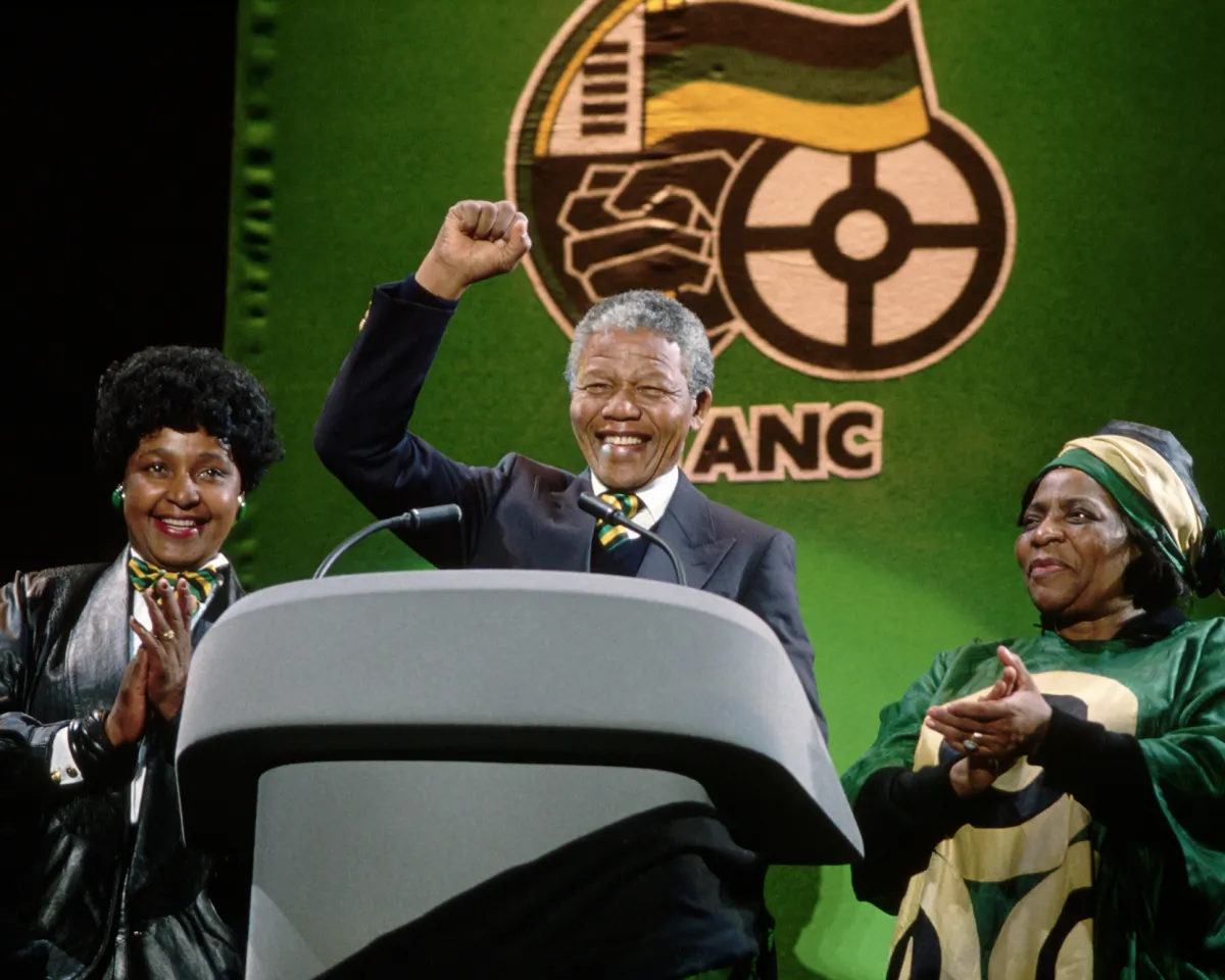A photo showing ANC Leader Nelson Mandela appearing at an event advocating for a Free South Africa on April 16, 1990, shortly after release from prison.