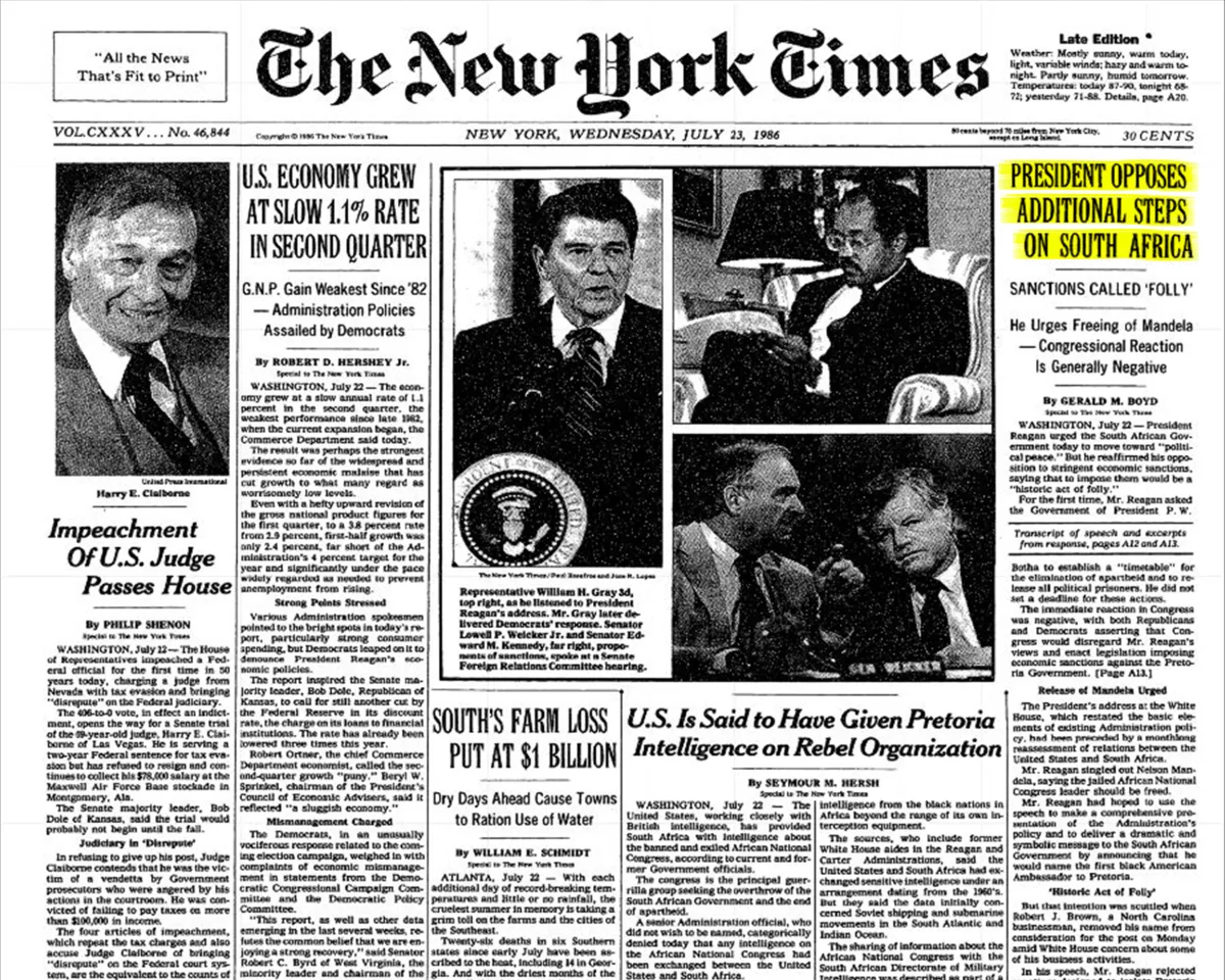 The front page of The New York Times from July 23, 1986. With "President opposes additional steps on South Africa" highlighted in yellow. For more info contact us at world101@cfr.org. 