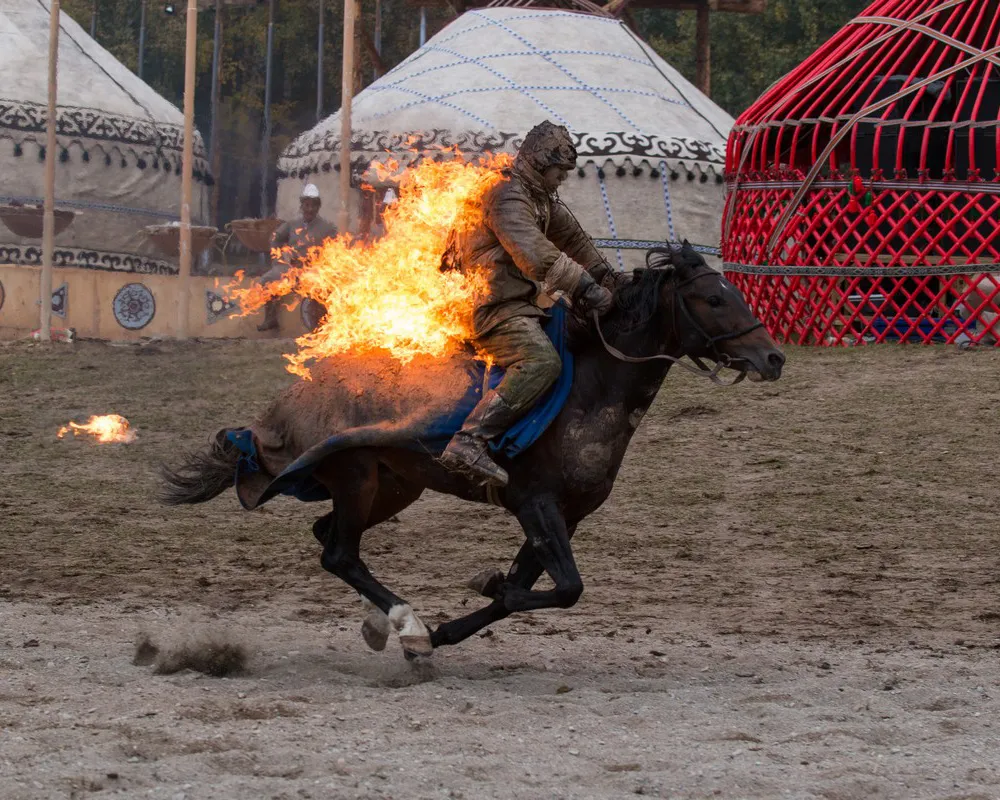 A photo showing a participant at the 2018 World Nomad Games at Kyrchyn Gorge, Kyrgyzstan.