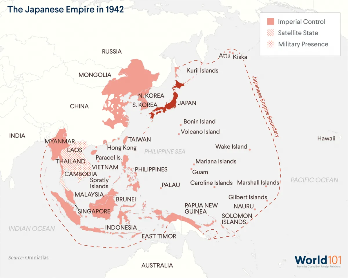 A map depicting the Japanese Empire in 1942, including areas under imperial control, satellite states, areas with a Japanese military presence.