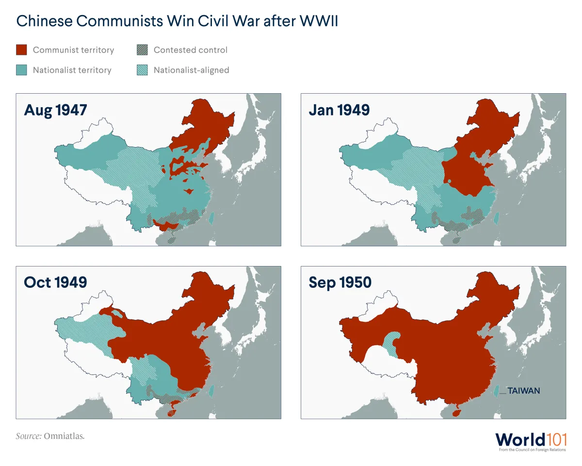 Maps showing China, including Communist territories, Nationalist territories, Nationalist-aligned areas, and areas under contested control in August 1947, January 1949, October 1949, and September 1950. For more info contact us at world101@cfr.org.