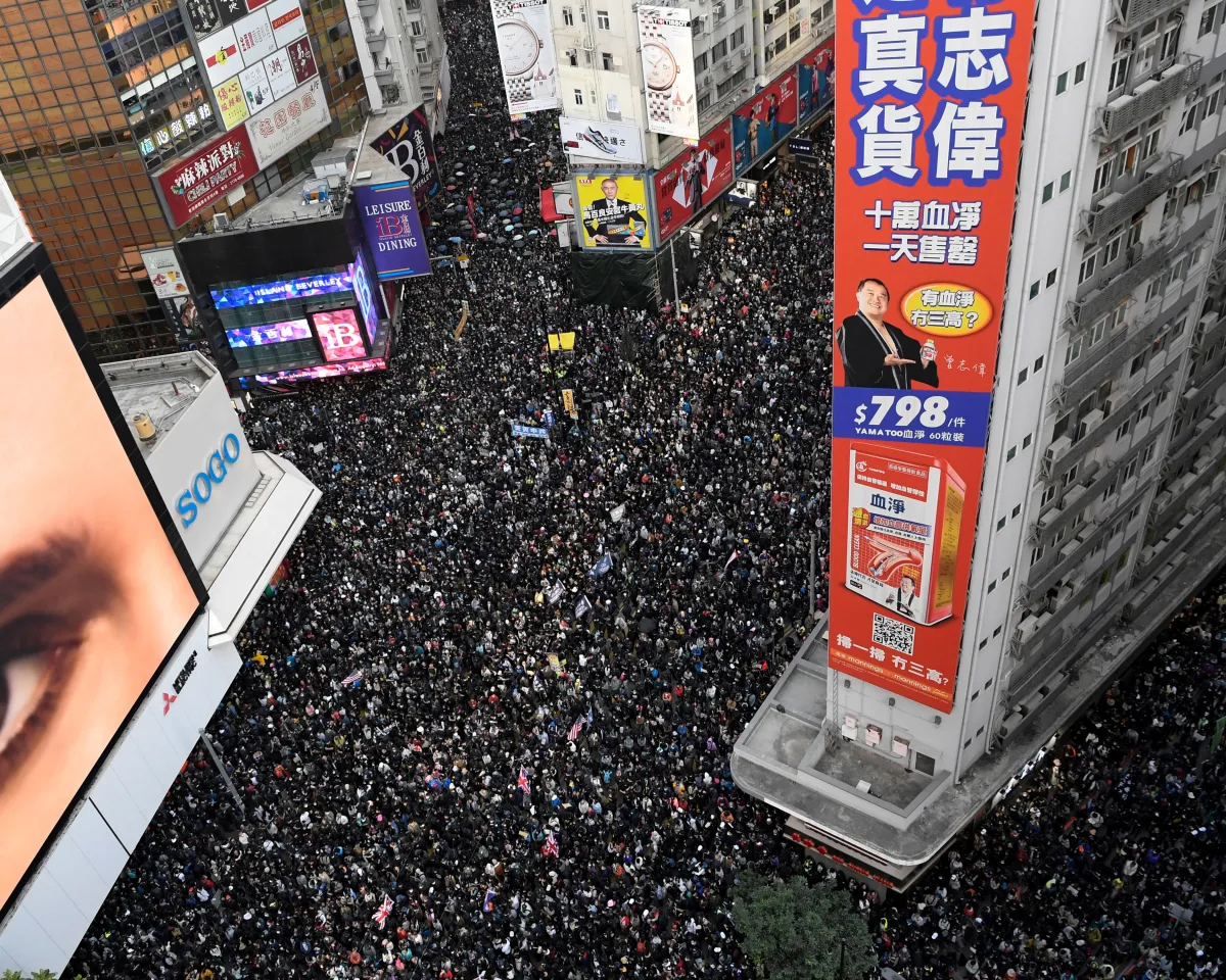 A photo showing hundreds of thousands of people marching in Hong Kong on Human Rights Day, December 8, 2019, one day before the six-month anniversary of an anti-government movement that has plunged the city into political crisis.