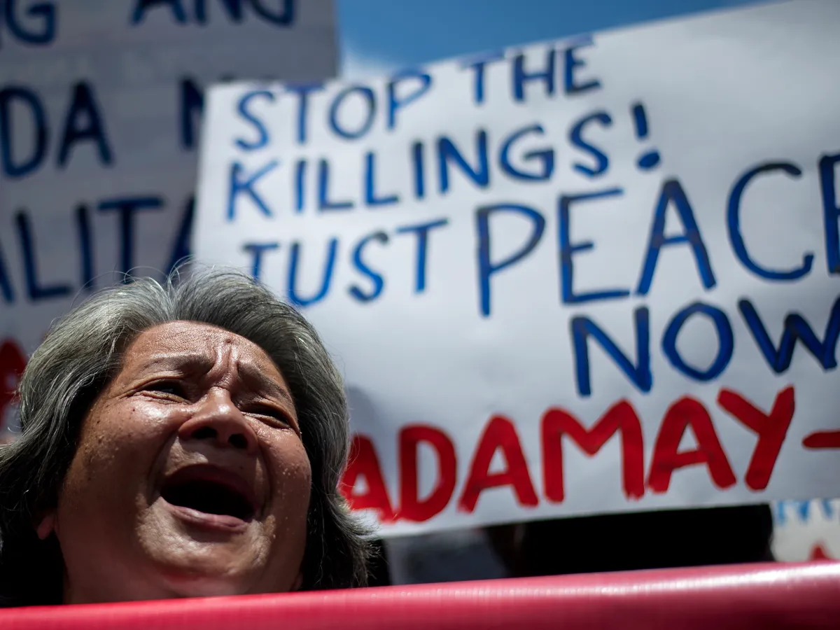 A photo showing activists protesting in front of the Philippine National Police headquarters in Manila, condemning what they call extra-juidicial killings related to President Rodrigo Duterte's campaign against drugs, on August 24, 2016.
