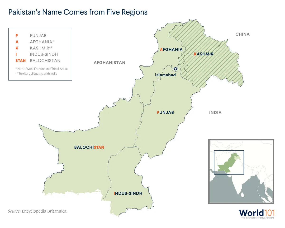 Map of the regions from which Pakistan takes its name: Punjab, Afghania, Kashmir, Indus-Sindh, and Balochistan. For more info contact us at world101@cfr.org.
