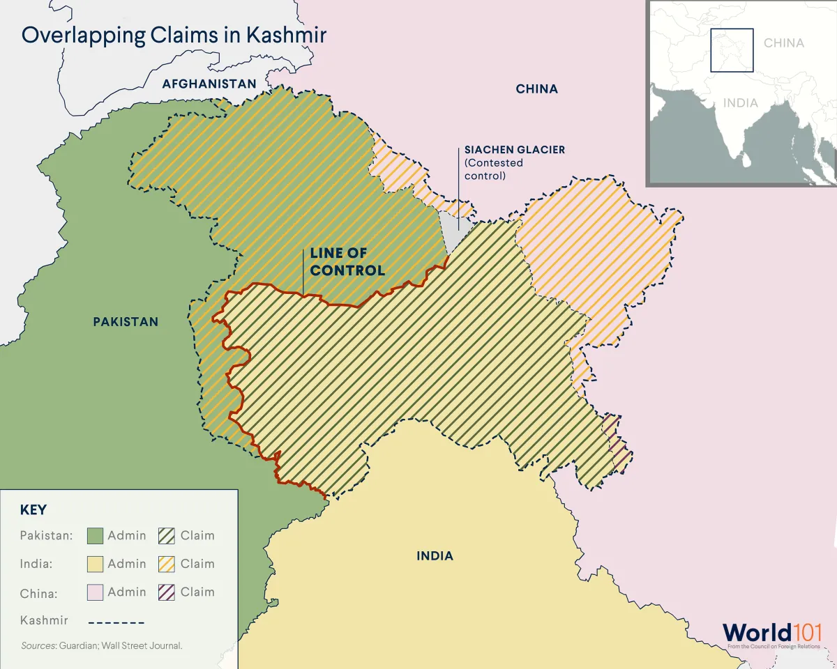 A map of the overlapping territorial claims in Kashmir. For more info contact us at world101@cfr.org.