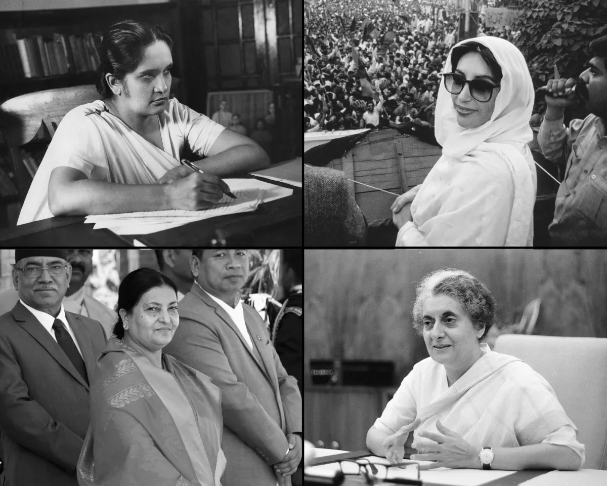Photos of Sri Lankan Prime Minister Sirimavo Bandaranaike (1960), Pakistani Prime Minister Benazir Bhutto (1988), Nepalese President Bidhya Devi Bhandari (2016), and Indian Prime Minister Indira Gandhi (1971).