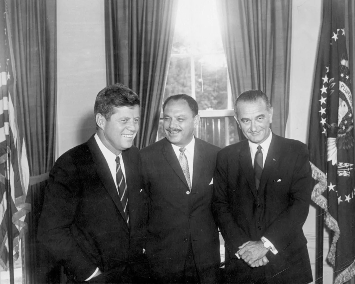 A photo of U.S. President John F. Kennedy and Vice President Lyndon B. Johnson meeting with Pakistani President Mohammad Ayub Khan in the Oval Office in Washington, D.C., on July 13, 1961.