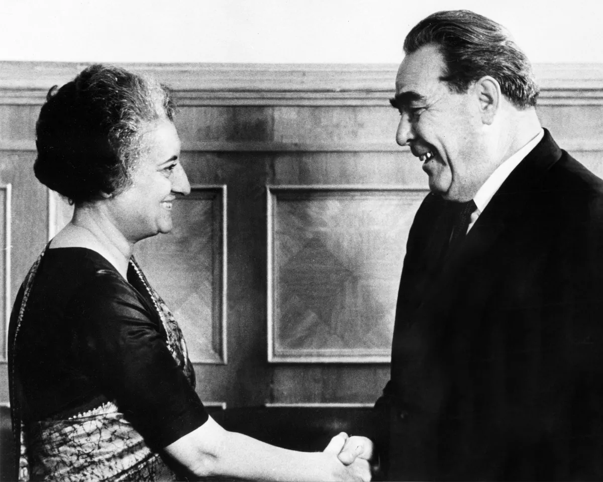 A photo showing Indian Prime Minister Indira Gandhi shaking hands with Soviet leader and General Secretary of the Communist Party Leonid Brezhnev in Moscow on September 28, 1971.