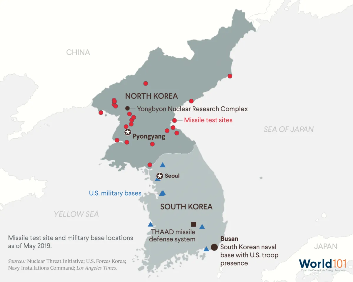 A map showing missile test sites and U.S. military base locations on the Korean Peninsula.