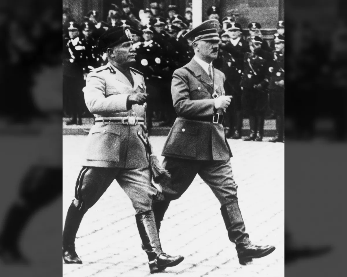 A photo of. Benito Mussolini and Adolf Hitler at Munich Station in Germany in September 1937.