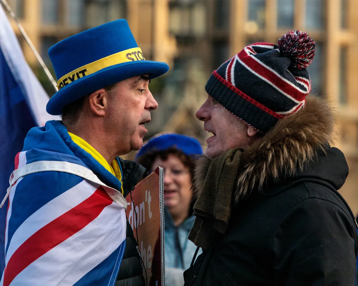 A photo showing an anti-Brexit activist arguing with a pro-Brexit protester during a demonstration on January 08, 2019 in London, England.