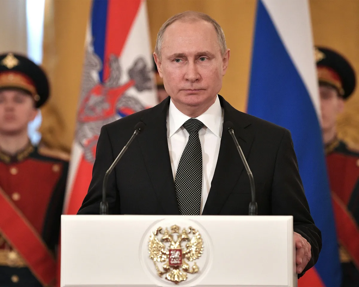 A photo showing Russian President Vladimir Putin delivering a speech during a ceremony at the Kremlin in Moscow on February 23, 2018.