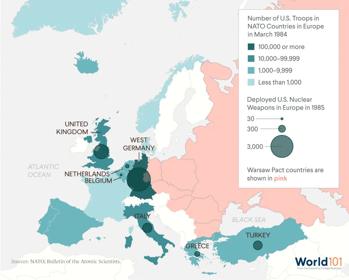 A map showing the number of U.S. troops in NATO countries in Europe in March 1984 and the number of deployed U.S. nuclear weapons in 1985.