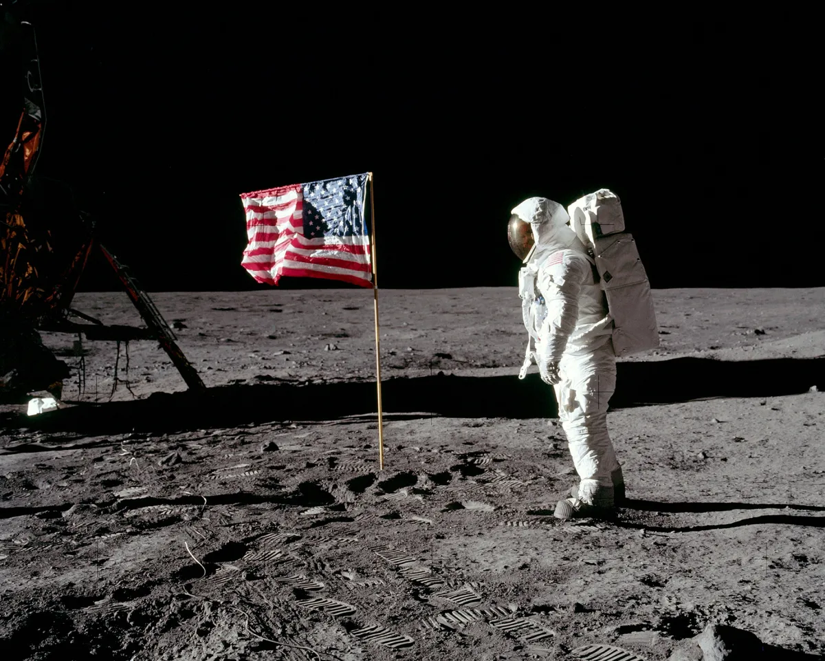 A photo showing astronaut Edwin Aldrin facing U.S. flag during the Apollo 11 moon landing on July 20, 1969.