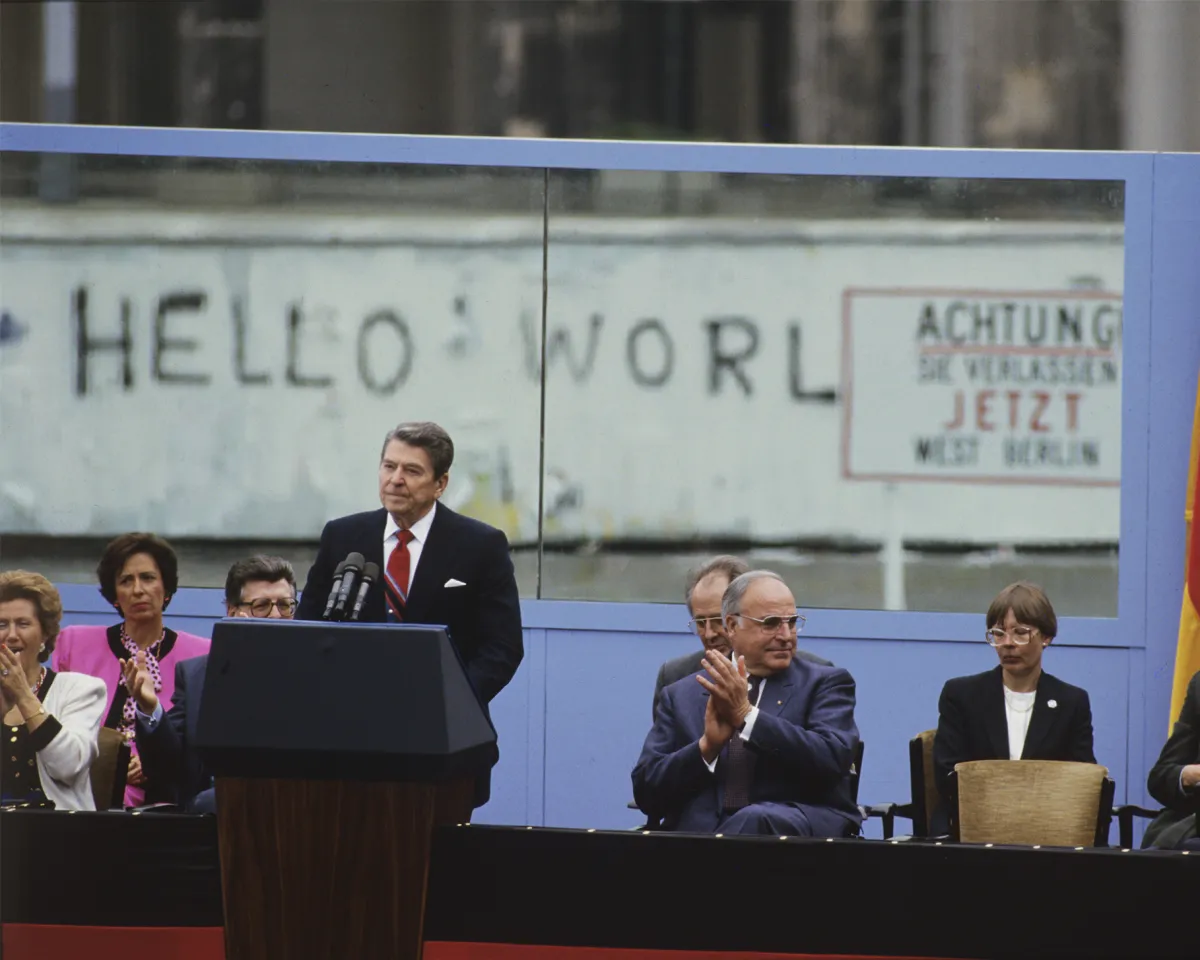A photo showing U.S. President Ronald Reagan giving his "Tear down this wall" speech on the West German side of Berlin on June 12, 1987.