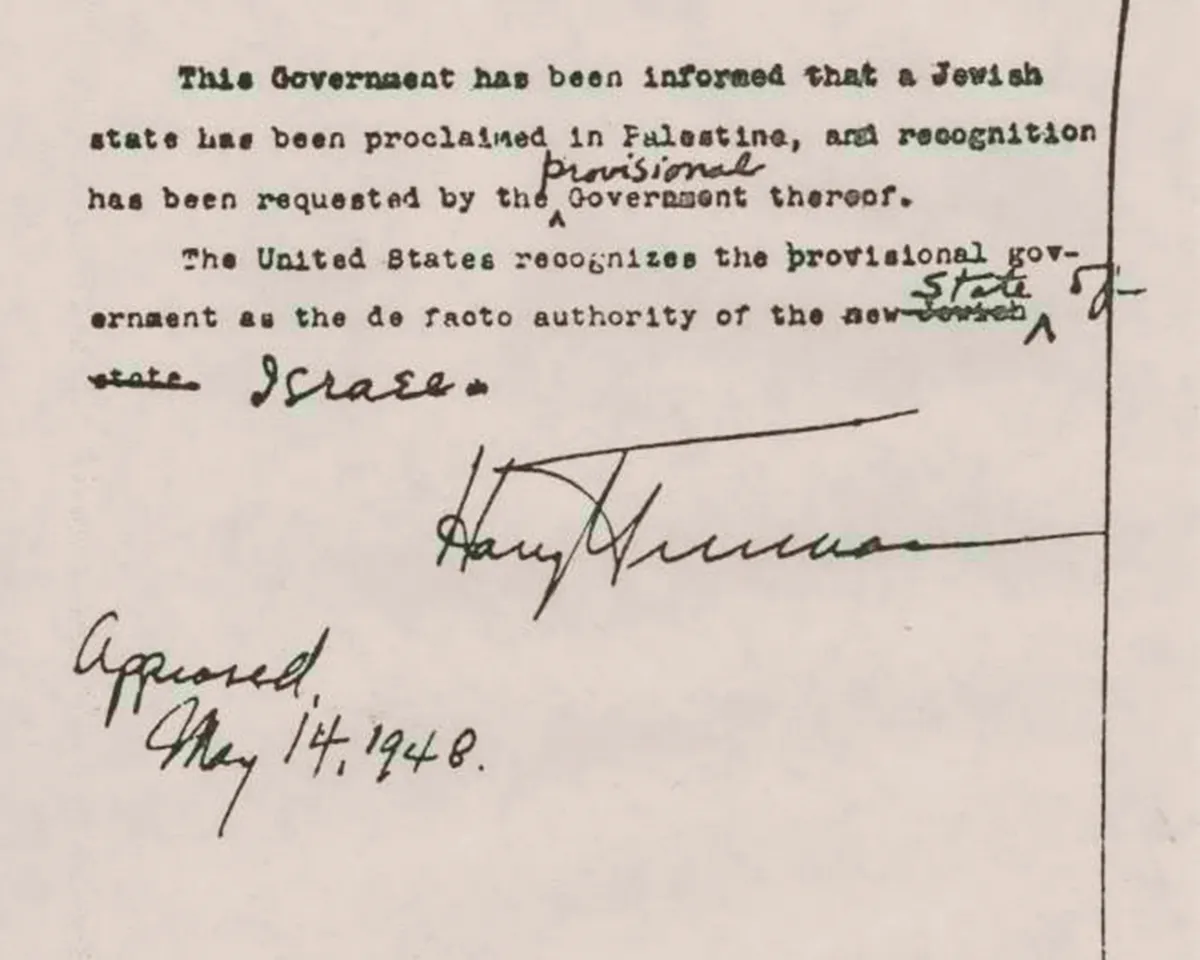 A photo of the statement in which President Harry S. Truman scratched out "Jewish state," editing it to "State of Israel," while rushing to recognize Israel just 11 minutes after the country declared independence on May 14, 1948.
