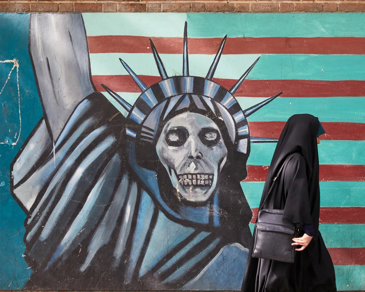 A picture taken on April 26, 2018 documenting anti-American graffiti on the outer wall of the former US-American embassy in Tehran, Iran.