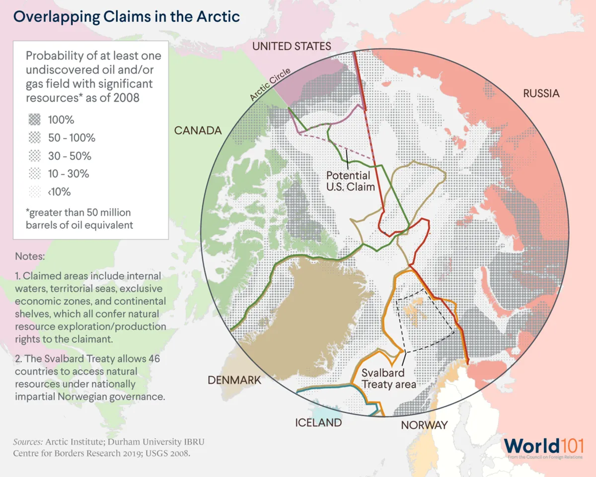 A map showing the overlapping claims in the Arctic and the probability of at least one undiscovered oil and/or gas field with significant resources being in these areas as of 2008.