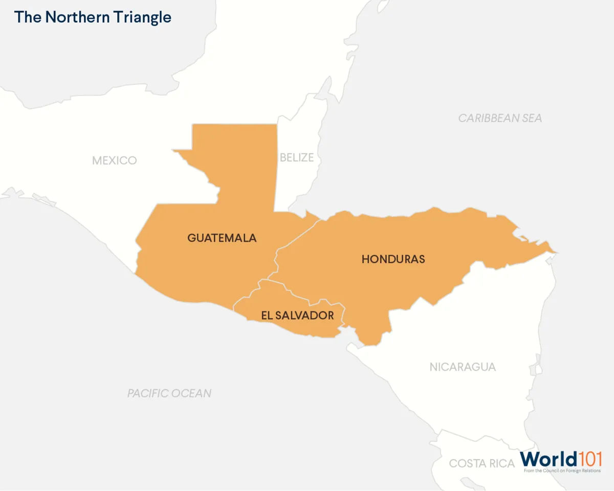 A map showing the three countries of the Northern Triangle: El Salvador, Guatemala, and Honduras. For more info contact us at world101@cfr.org.