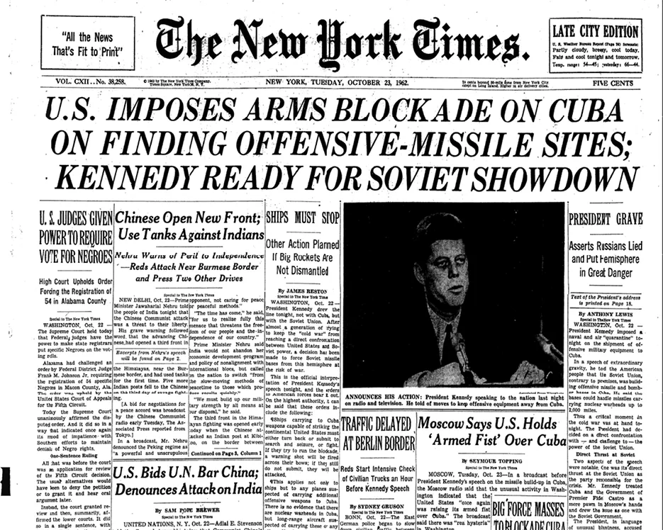 The front page of the New York Times from October 23, 1962.