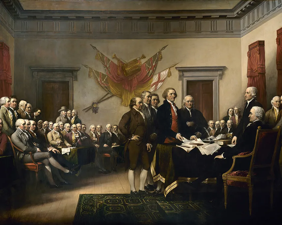 An 1819 painting by John Trumbull depicts the five-man drafting committee of the Declaration of Independence presenting their work to the Second Continental Congress. 