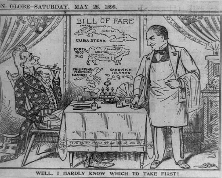 A political cartoon, published in the Boston Globe on May 28, 1898, depicts Uncle Sam seated in a restaurant, looking at a menu listing "Cuba steak" and talking to a waiter named "McKinley," who was the U.S. president at the time of the war.