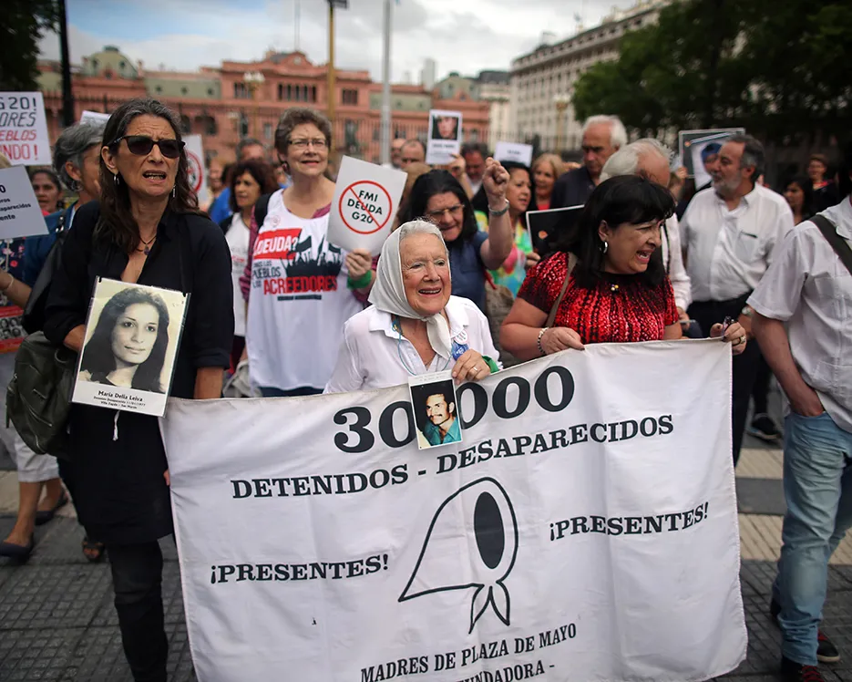 A photo showing Nora Cortinas, a member of the human rights group Madres de Plaza de Mayo (Mothers of the Plaza de Mayo), attending a protest in Buenos Aires, Argentina, on November 29, 2018.
