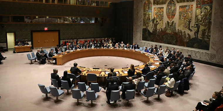Members of the United Nations Security Council sit during a meeting on Syria at the United Nations Headquarters in New York City on April 5, 2017.