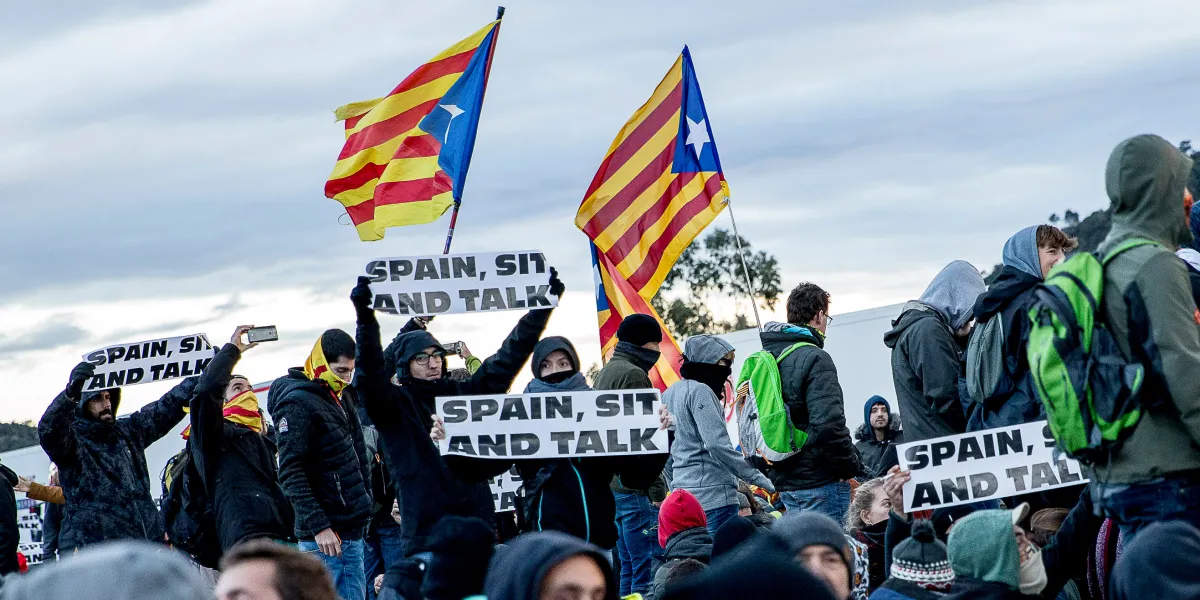 Catalan independent activists block a border point between Spain and France in Le Pertús, France, on November 11, 2019. 