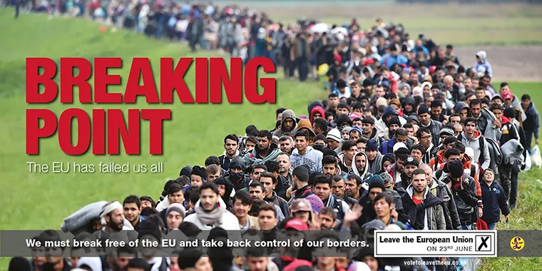 A propaganda poster using an image of immigrants and refugees to advocate for the United Kingdom’s exit from the EU (Brexit), shared by Nigel Farage of the United Kingdom Independence Party in 2016, via Twitter.
