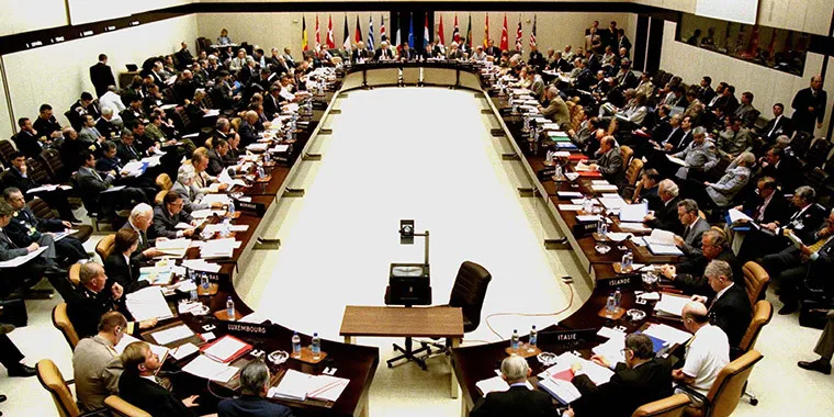 A view of the meeting room at the start of a NATO defense ministers meeting on June 12, 1997 at the NATO headquarters in Brussels.