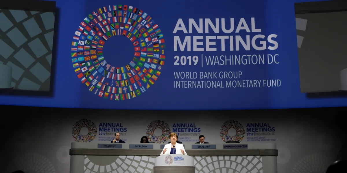 International Monetary Fund Managing Director Kristalina Georgieva addresses the fall meetings of the IMF and World Bank in Washington, D.C. on October 18, 2019.