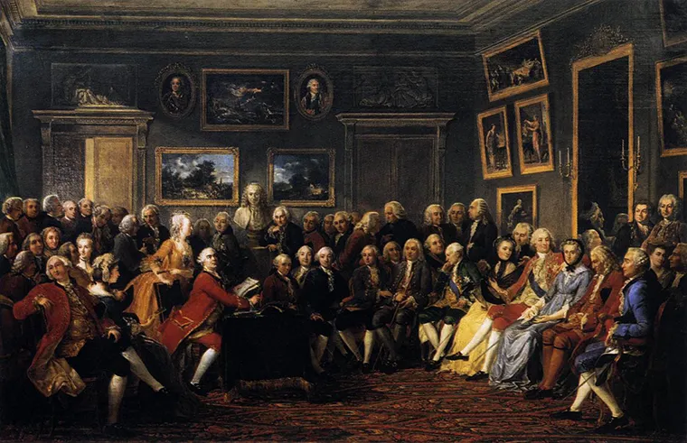 A painting depicts Enlightenment thinkers — including Jean-Jacques Rousseau, Montesquieu, and a bust of Voltaire — in a drawing room, gathered for a reading of Voltaire’s play “L’Orphelin de la Chine” in 1755.
