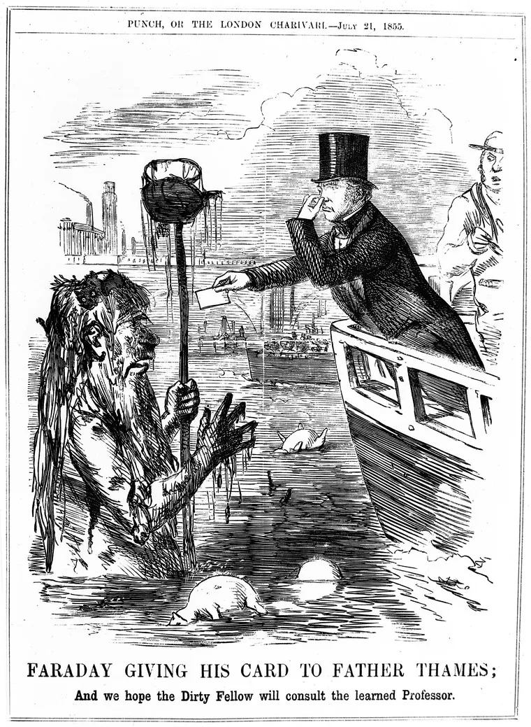 A cartoon from 1855 depicts English scientist Michael Faraday testing the waters of the River Thames.
