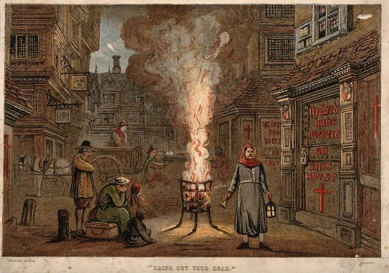 A colored wood engraving depicts a street in London during the plague in 1665, with a death cart and mourners.