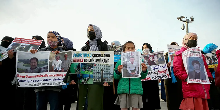 Uyghur Turks living in Istanbul, who cannot contact their relatives in Xinjiang Uyghur Autonomous Region, gather to protest against China outside the Chinese Consulate-General in Sariyer district of Istanbul, Turkey, on February 11, 2021.