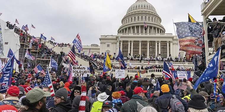 The U.S. Capitol Building in Washington, DC, is breached by thousands of protesters during a "Stop The Steal" rally during the worldwide coronavirus pandemic on January 6, 2021.