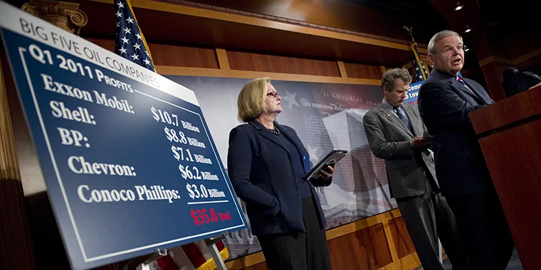U.S. Senators Claire McCaskill, Sherrod Brown, and Robert Menendez, during a news conference announcing legislation aimed at ending subsidies to the five largest oil companies, on May 10, 2011.