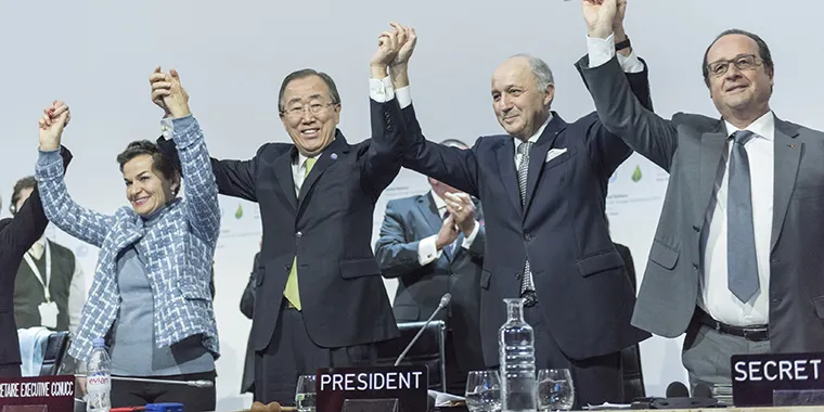 Ban Ki-moon (second left), secretary-general of the United Nations; Christiana Figueres (left), executive secretary of the UN Framework Convention on Climate Change (UNFCCC); Laurent Fabius (second right), minister for foreign affairs of France and presid