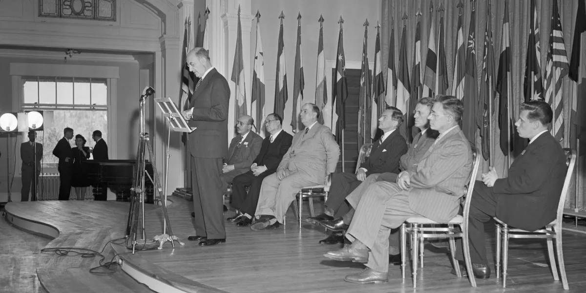 U.S. Secretary of the Treasury Henry Morgenthau Jr. speaks at the conference that established the International Monetary Fund, on July 2, 1944.